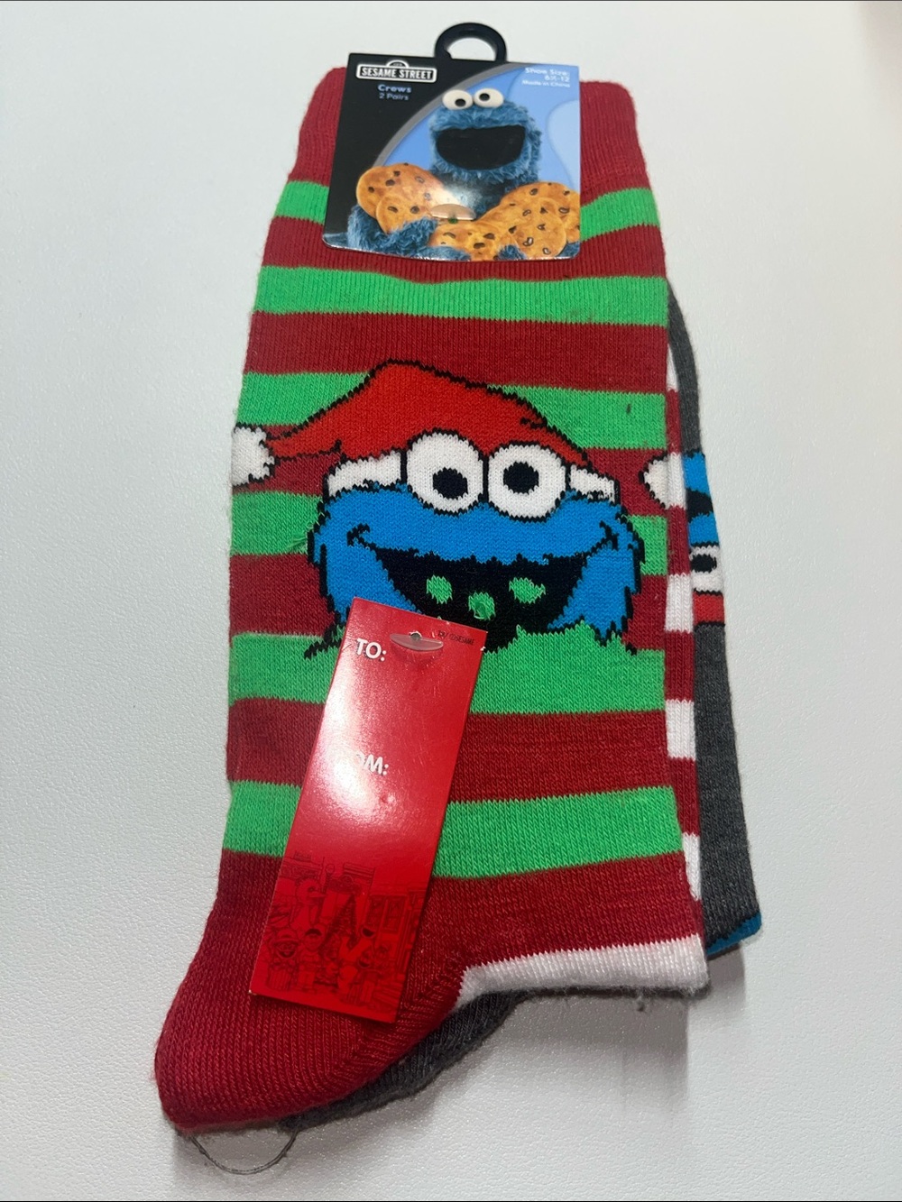 Sesame Street Cookie Monster Holiday Crew Socks - Red & Green Stripes